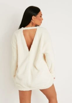 Bethany Cream Fluffy Borg V Back Jumper Dress -LA Dress Sales Store me5115c 20 10 2022 hqxjb jpg