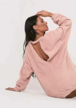 Bethany Pink Fluffy Borg V Back Jumper Dress -LA Dress Sales Store me5115p 10 11 2021 j8vjt jpg