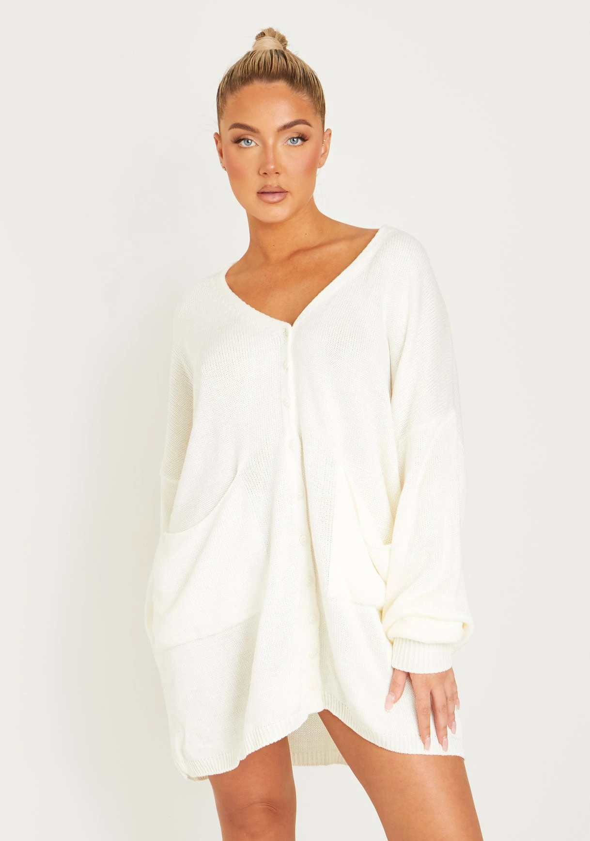 Freya Cream Knitted Oversized Button Through V-Neck Cardigan Dress 3 Freya Cream Knitted Oversized Button Through V-Neck Cardigan Dress