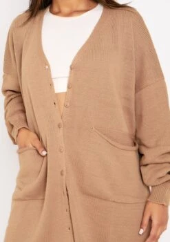 Freya Mocha Knitted Oversized Button Through V-Neck Cardigan Dress -LA Dress Sales Store me5640m 17 08 2021 bbeeo jpg