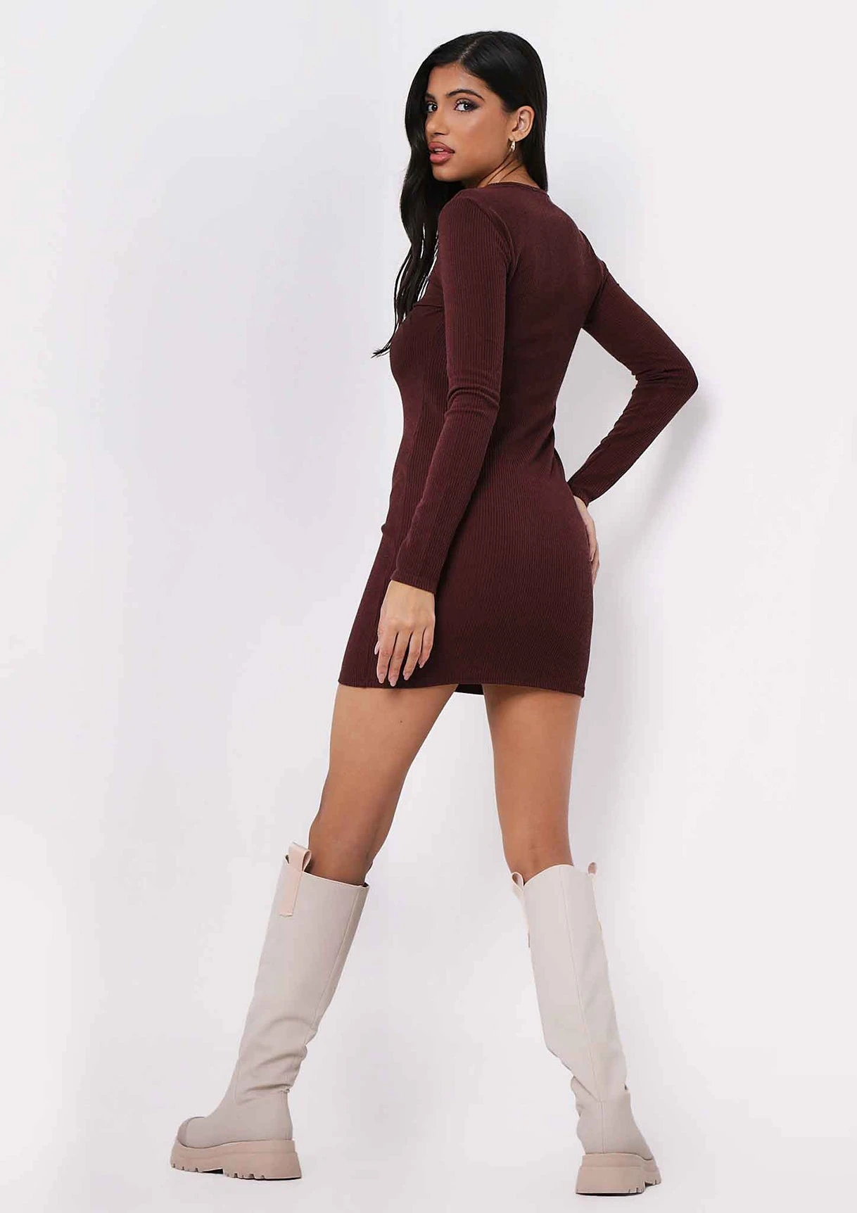 Alia Chocolate Button Up Ribbed Mini Dress 5 Alia Chocolate Button Up Ribbed Mini Dress - Image 3