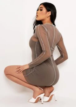 Heidi Khaki Mesh Contrast Stitch Mini Dress -LA Dress Sales Store me5785 4 jpg