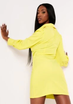 Maria Lemon Yellow Ruched Front Shirt Dress -LA Dress Sales Store me5792l 4 jpg