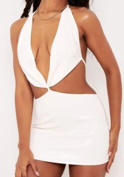 Judith Cream PU Halterneck Mini Dress -LA Dress Sales Store me5902c 3 jpg