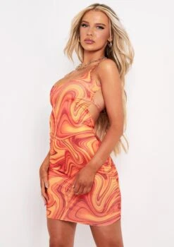Kaylin Orange Swirl Print Slinky Strappy Back Detail Mini Dress