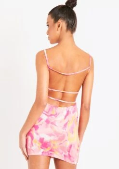 Kaylin Pink Print Slinky Strappy Back Detail Mini Dress -LA Dress Sales Store me5977pi 15 06 2022 bvzyw jpg