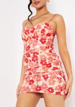 Kaiya Coral Floral Ruched Front Strappy Mini Dress -LA Dress Sales Store me5978c 3 jpg