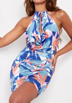 Hira Blue Multi Print Slinky Halterneck Mini Dress -LA Dress Sales Store me6087 2 jpg