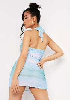 Alison Blue Printed Halterneck Plunge Mini Dress -LA Dress Sales Store me6144 4 jpg