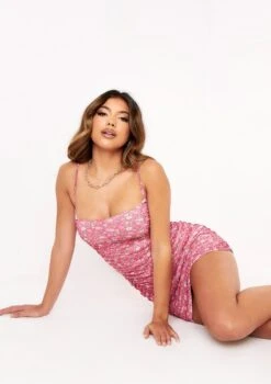 Arizona Pink Ditsy Floral Print Ruched Mini Dress -LA Dress Sales Store me6161p 16 07 2021 pqgtg jpg