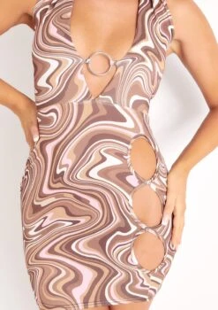 Melina Brown Swirl Print Halterneck Plunge Ring Detail Cut Out Mini Dress -LA Dress Sales Store me6221br 06 08 2021 xfnkt jpg c70c638c 9aba 45f9 a21d 7da1d1bae082