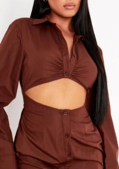 Gabi Chocolate Cut-out Detail Mini Fitted Shirt Dress -LA Dress Sales Store me6229 06 08 2021 ayorr jpg