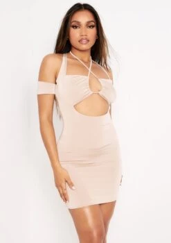 Jana Beige Halterneck Double Layer Ring Mini Dress -LA Dress Sales Store me6272b 18 08 2021 guqla jpg