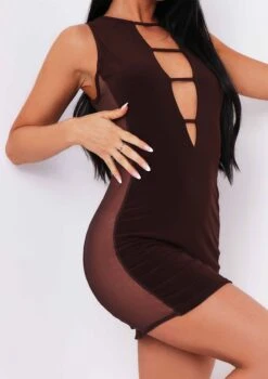 Kali Chocolate Mesh Side Cut Out Mini Dress -LA Dress Sales Store me6379ch 23 09 2021 yk3dz jpg