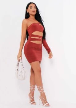 Cambria Burnt Orange One Sleeve Cut Out Mini Dress -LA Dress Sales Store me6388 23 09 2021 evp3f jpg