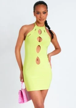 Giselle Lime Cut Out Halter Neck Double Layered Mini Dress -LA Dress Sales Store me6530l 18 03 2022 j6ebc jpg