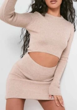 Marina Beige Knitted Cut Out Long Sleeve Mini Dress -LA Dress Sales Store me6536 25 11 2021 stihp jpg