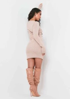 Marina Beige Knitted Cut Out Long Sleeve Mini Dress -LA Dress Sales Store me6536 25 11 2021 y4vmi jpg