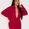 Kirsty Burgundy Long Sleeve Plunge Front Ruched Skirt Mini Dress