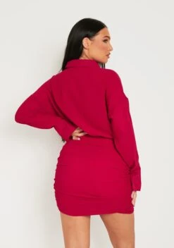 Kirsty Burgundy Long Sleeve Plunge Front Ruched Skirt Mini Dress -LA Dress Sales Store me6563 20 10 2022 pqpcq jpg