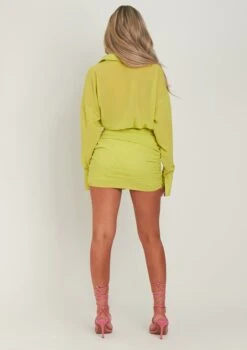Kirsty Lime Long Sleeve Plunge Front Ruched Skirt Mini Dress -LA Dress Sales Store me6563li 21 04 2022 kljub jpg