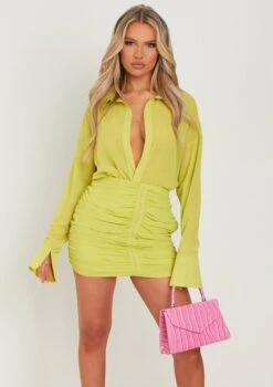 Kirsty Lime Long Sleeve Plunge Front Ruched Skirt Mini Dress -LA Dress Sales Store me6563li 21 04 2022 yy9vc jpg