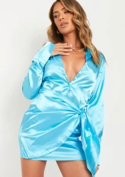 Celina Blue Satin Shirt Dress With Drape Detail -LA Dress Sales Store me6741 20 07 2022 ckczy jpg