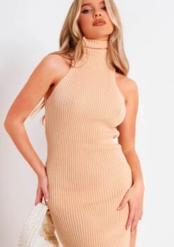 Gina Beige Ribbed Knit Roll Neck Dress With Split -LA Dress Sales Store me6744 17 02 2022 gy5ez jpg