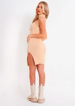 Gina Beige Ribbed Knit Roll Neck Dress With Split -LA Dress Sales Store me6744 17 02 2022 pxtlh jpg