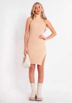 Gina Beige Ribbed Knit Roll Neck Dress With Split -LA Dress Sales Store me6744 17 02 2022 qba89 jpg