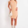 Gina Beige Ribbed Knit Roll Neck Dress With Split