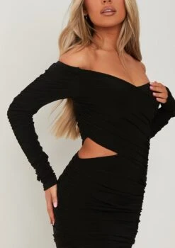 Viola Black Bardot Wrap Ruched Mini Dress -LA Dress Sales Store me6772b 19 04 2022 4c9vk jpg cccb7138 4f60 4666 82e0 5aa81aefe194