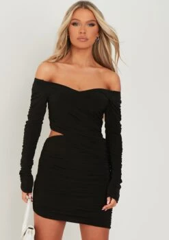 Viola Black Bardot Wrap Ruched Mini Dress