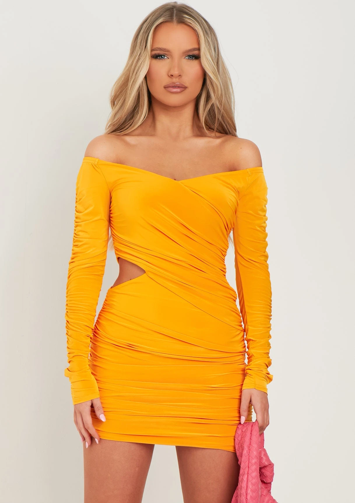 Viola Orange Bardot Wrap Ruched Mini Dress 7 Viola Orange Bardot Wrap Ruched Mini Dress - Image 5