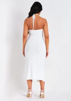 Lucy White Halter Neck Cross Over Ruched Midi Dress -LA Dress Sales Store me6881w 06 04 2022 kargh jpg