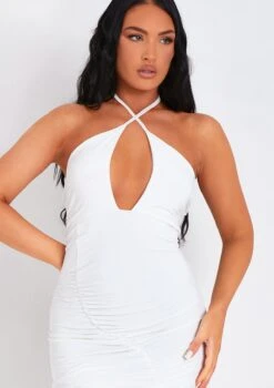 Lucy White Halter Neck Cross Over Ruched Midi Dress -LA Dress Sales Store me6881w 06 04 2022 p8ujh jpg