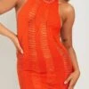 Adriana Orange Halter Neck Laddered Knit Dress