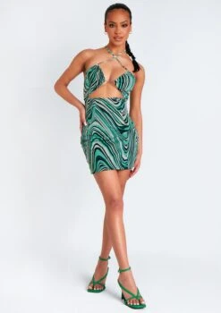 Nicola Green Printed Halter Neck Cut Out Mini Dress