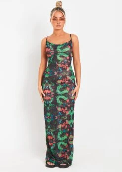 Marty Black Abstract Printed Mesh Cowl Neck Maxi Dress