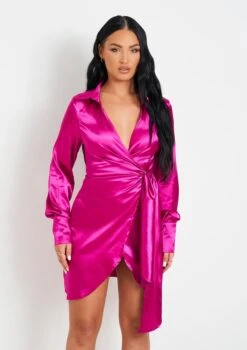 Mira Pink Satin Tie Waist Wrap Plunge Mini Dress -LA Dress Sales Store me7032 19 05 2022 mvb7m jpg 41686c09 9144 4dae b183 5d4226f5b118
