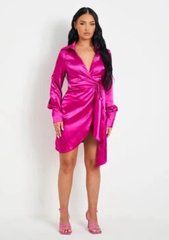 Mira Pink Satin Tie Waist Wrap Plunge Mini Dress