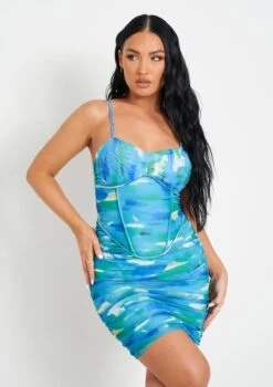 Johnanna Blue Print Mesh Corset Mini Dress -LA Dress Sales Store me7041 19 05 2022 sryna jpg