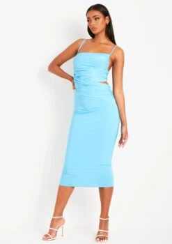 Corinne Baby Blue Gathered Cut Out Midi Dress