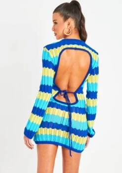 Harleigh Blue Multi Crochet Knit Backless Mini Dress