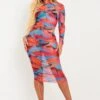 Kylie Blue Leaf Print Ruched Mesh Midi Dress