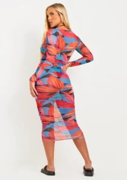 Kylie Blue Leaf Print Ruched Mesh Midi Dress -LA Dress Sales Store me7255 12 07 2022 jt6zp jpg