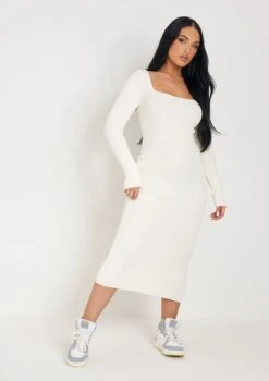 Kim Cream Knit Square Neck Long Sleeve Midi Dress