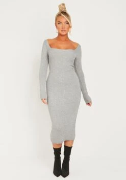 Kim Light Grey Knit Square Neck Long Sleeve Midi Dress -LA Dress Sales Store me7320g 21 10 2022 phxrh jpg 108883c7 b20d 4ea4 9ee2 e6433c509584
