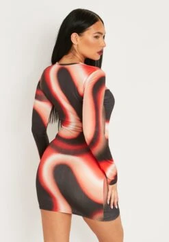 Maryse Red Printed Slinky Cut Out Long Sleeve Mini Dress -LA Dress Sales Store me7345 29 09 2022 vlj2g jpg