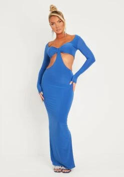 Gypsi Cobalt Blue Double Layer Slinky Long Sleeve Cut Out Maxi Dress